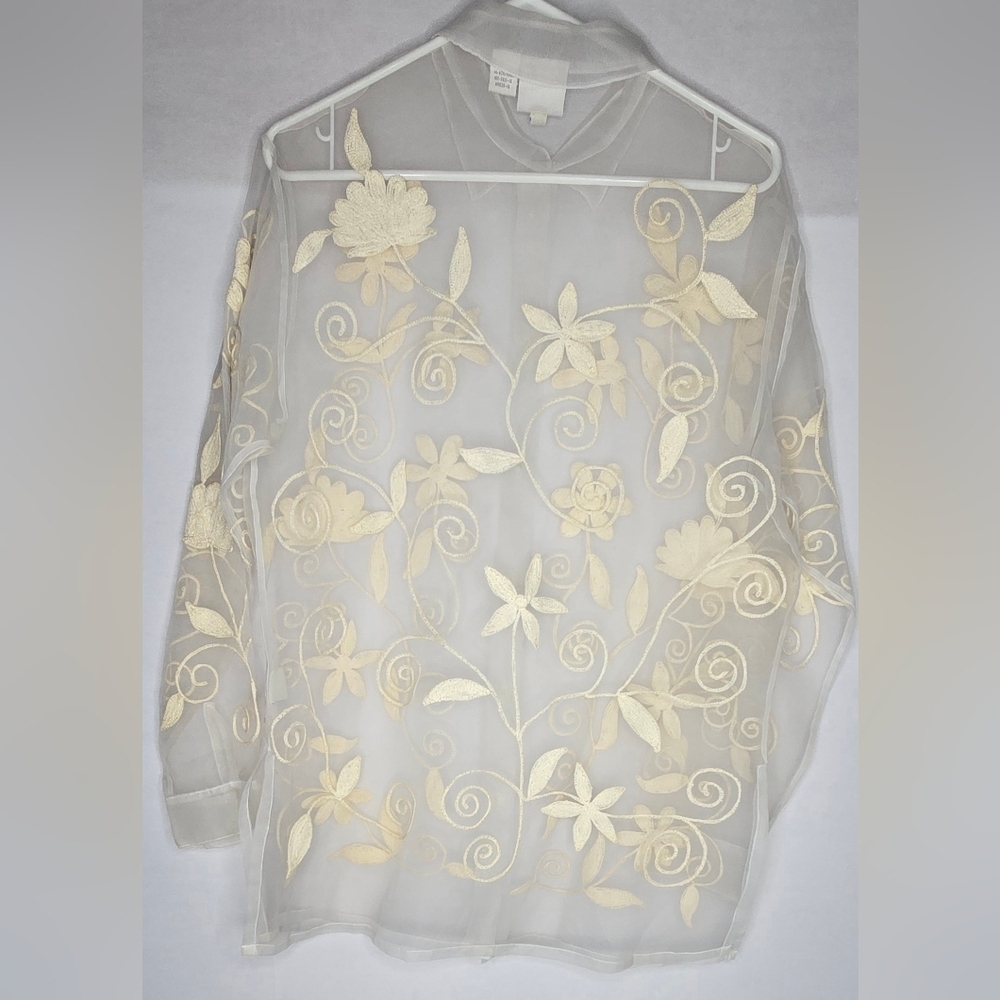 Reflections by Spiegel Cream Floral Sheer Blouse Button Down Shirt Top Size S - Picture 3 of 5